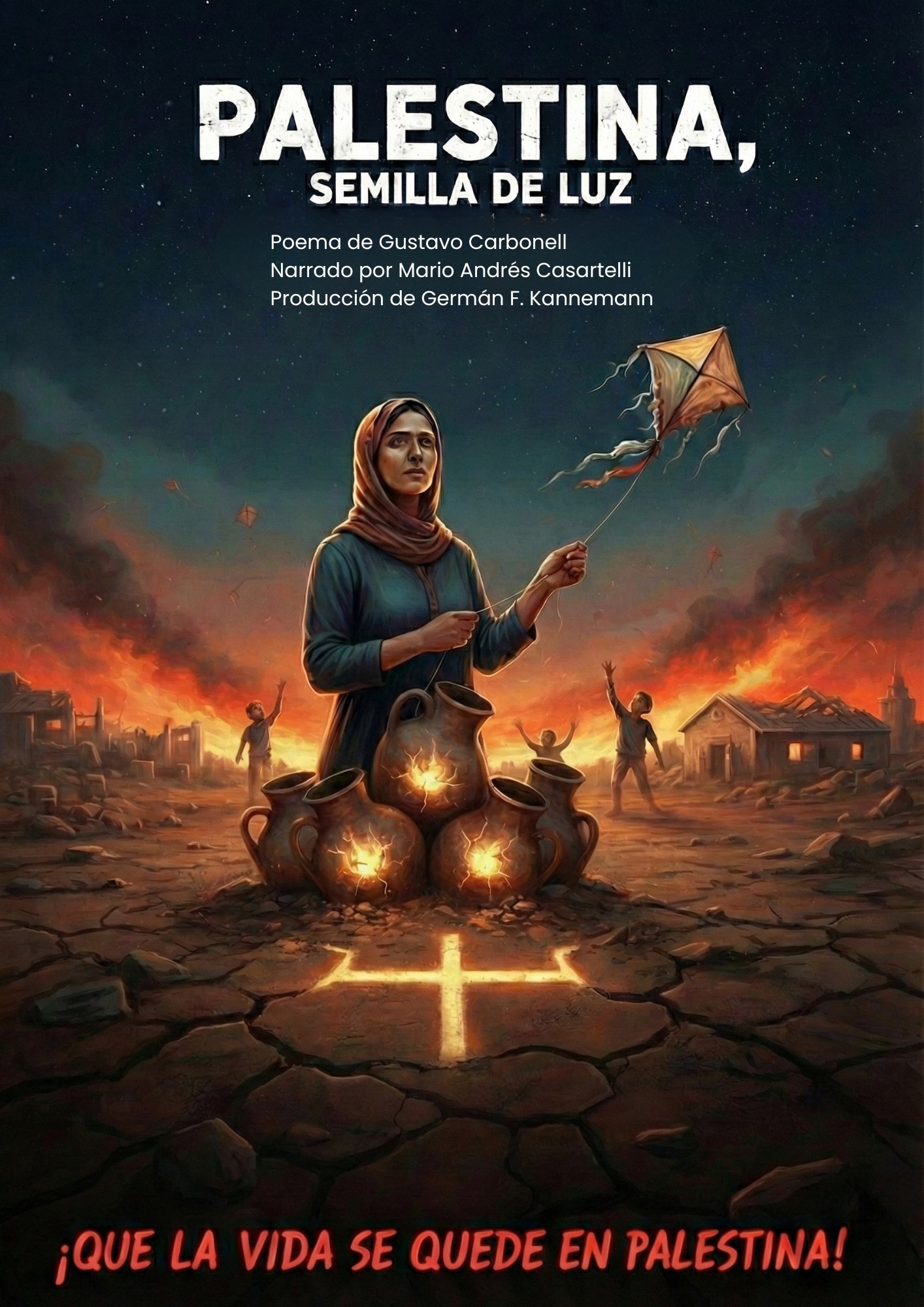 Palestina, semilla de luz en la sombra - Una mujer palestina sostiene un barrilete mientras los cántaros de la memoria iluminan la tierra